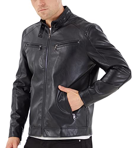 WULFUL Mens Stand Collar Leather Jacket Motorcycle Lightweight Faux Leather Outwear - Image 3