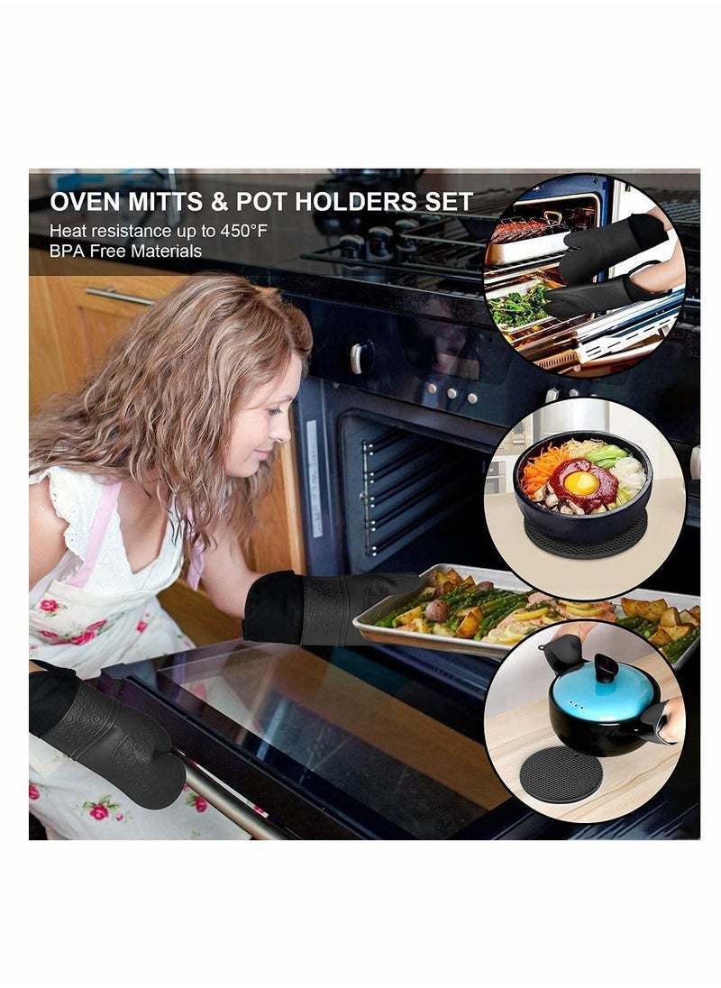 SYOSI Silicone Oven Mitts and Pot Holders Set, Heat Resistant Silicone Oven Mittens with Mini Oven Gloves and Hot Pads, Pot Holders for Kitchen Baking Cooking, Quilted Liner, Black,Pack of 6  - Image 3