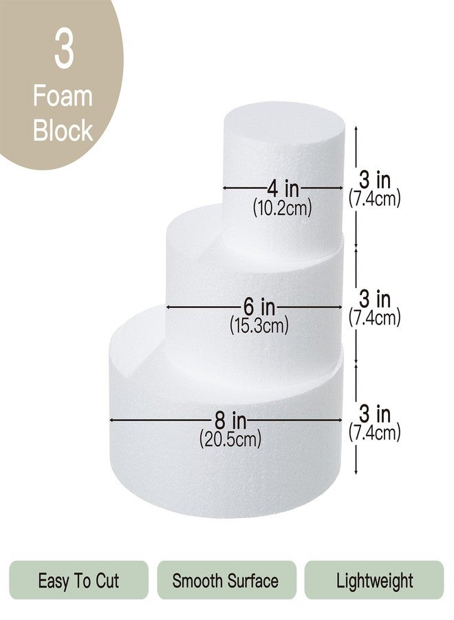 Crafare 3 Tiers Round Foam Cake Dummies Set 4" 6" 8" White Fake Cake Dummy 9 Inch Tall for Christmas Wedding Supplies Baby Shower Birthday Decorating Display - Image 3