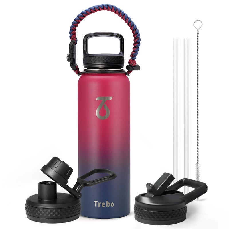 Trebo 40oz Insulated Water Bottle with Paracord Handle and Straw Vacuum Double Wall Stainless Steel Water Jug Keep Cold 48 Hours  Water Flask with 3 Lids for Car  Sports  Travel - Image 1