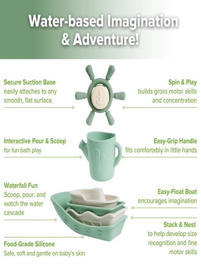 Haakaa Nautical Silicone Baby Bath Toys Set, Food Grade Silicone Bathtub Toys for Toddlers, Mold-Free Stacking Boats & Spinner Toy & Pouring Cup, BPA Free Floating Tub Toys for Baby 6M+ - Image 4