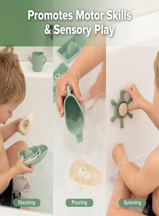 Haakaa Nautical Silicone Baby Bath Toys Set, Food Grade Silicone Bathtub Toys for Toddlers, Mold-Free Stacking Boats & Spinner Toy & Pouring Cup, BPA Free Floating Tub Toys for Baby 6M+ - Image 5