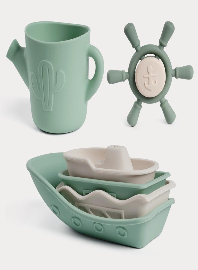 Haakaa Nautical Silicone Baby Bath Toys Set, Food Grade Silicone Bathtub Toys for Toddlers, Mold-Free Stacking Boats & Spinner Toy & Pouring Cup, BPA Free Floating Tub Toys for Baby 6M+ - Image 1