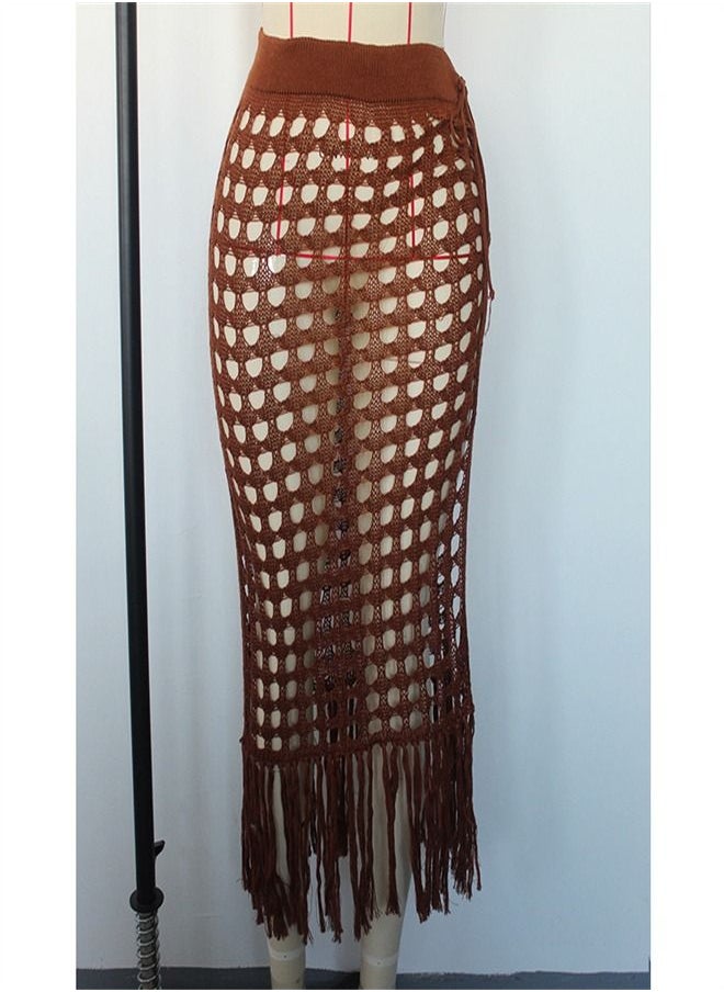 Loquat - Hollow Knit Split Fringed Beach Skirt Brown - Image 1