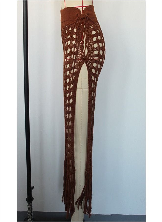 Loquat - Hollow Knit Split Fringed Beach Skirt Brown - Image 1