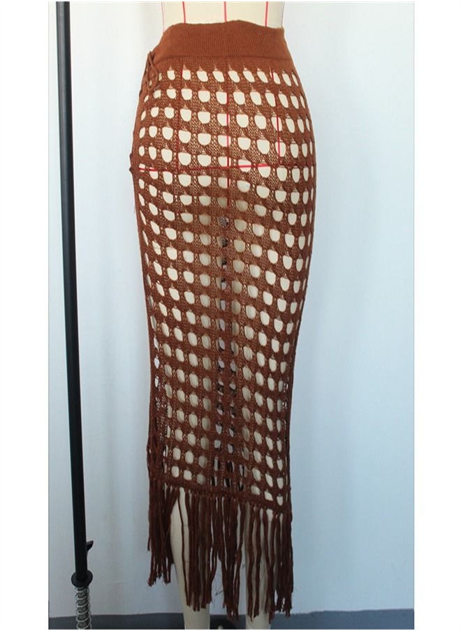 Loquat - Hollow Knit Split Fringed Beach Skirt Brown - Image 1