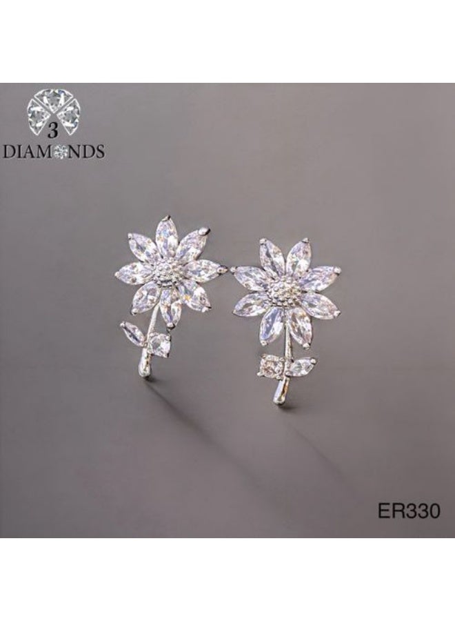 Platinum & Rhodium Plated Flower Earrings with Cubic Zirconia Elegant Design