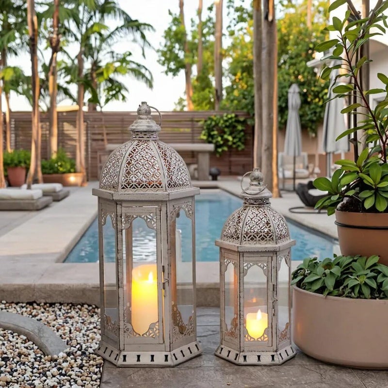 JHY DESIGN Set of 2 Decorative Candle Lanterns 22"&17" H Vintage Metal Candle Holder for Garden Indoor Outdoor Parties Weddings Patio Home Decor(Grey with Black Brush) - Image 4