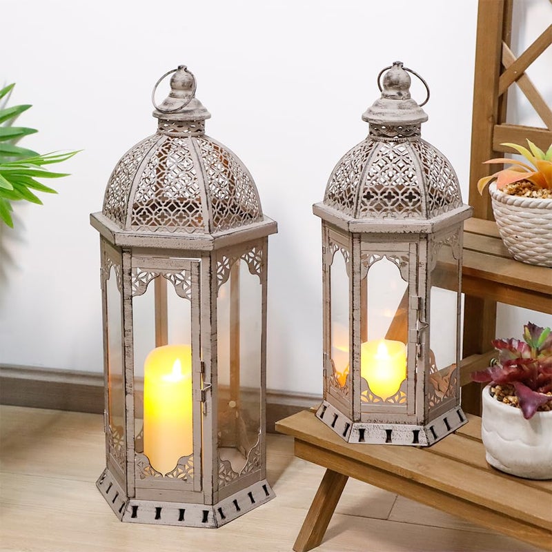 JHY DESIGN Set of 2 Decorative Candle Lanterns 22"&17" H Vintage Metal Candle Holder for Garden Indoor Outdoor Parties Weddings Patio Home Decor(Grey with Black Brush) - Image 2