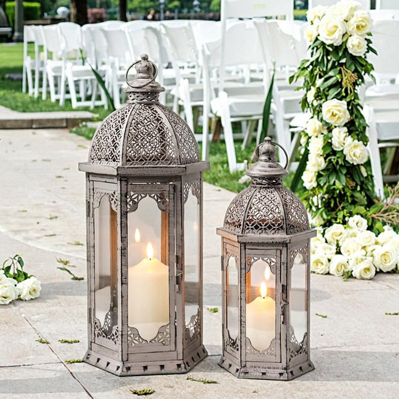 JHY DESIGN Set of 2 Decorative Candle Lanterns 22"&17" H Vintage Metal Candle Holder for Garden Indoor Outdoor Parties Weddings Patio Home Decor(Grey with Black Brush) - Image 1