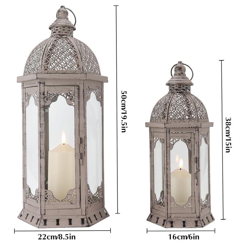 JHY DESIGN Set of 2 Decorative Candle Lanterns 22"&17" H Vintage Metal Candle Holder for Garden Indoor Outdoor Parties Weddings Patio Home Decor(Grey with Black Brush) - Image 3