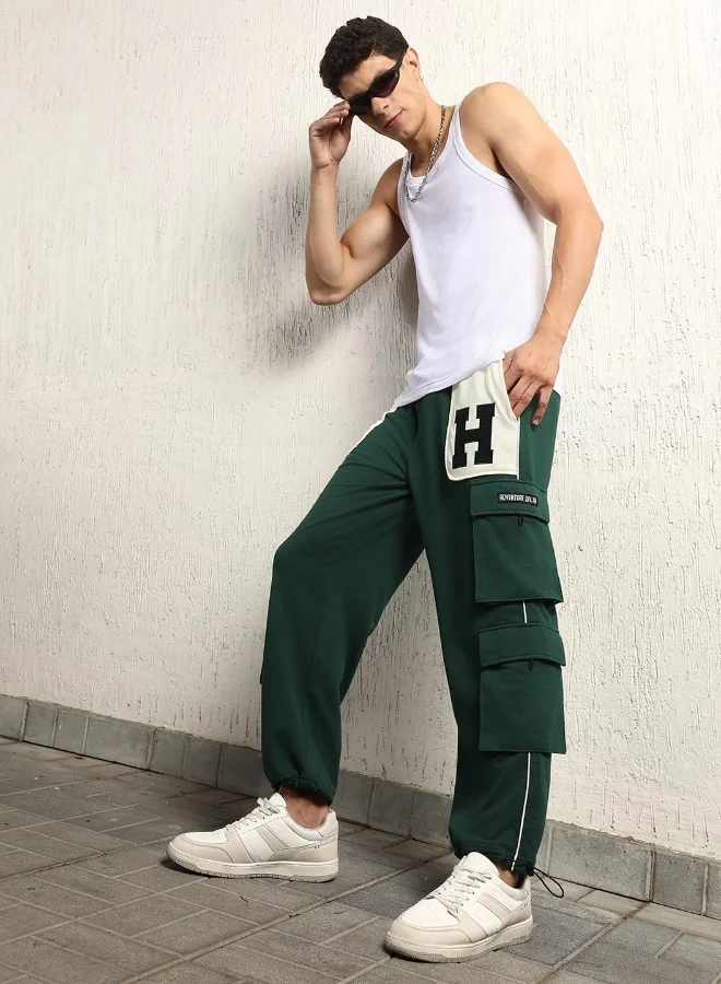 Hubberholme forest green Men's Forest Green Cotton Blend Printed Full Length Cargo Regular Fit Trouser for Men | Best Price UAE