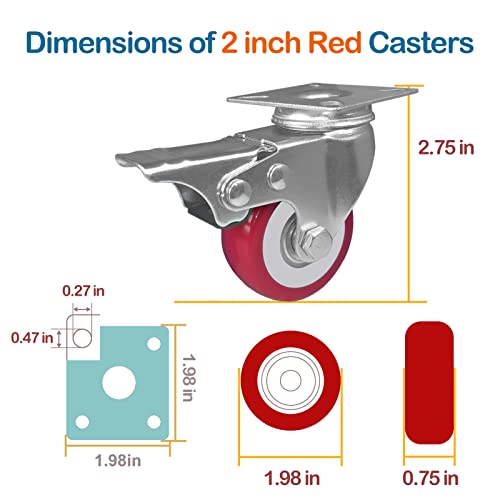 ABSLIMUS 2 inch Casters Load 800lbs, Set of 4 with Brake, Advanced Polyurethane (PU) Floor Protection, Noise-Free 360 Degree Swivel Plate, Set of 4 (Includes Complete Screws Sets with Accessories) - Image 2