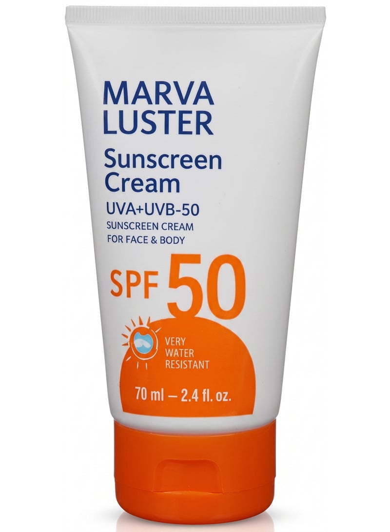 Marva Luster Sunblock SPF 50, Complete Skin Protection, Water Resistant Sunscreen - 70ml - Image 1