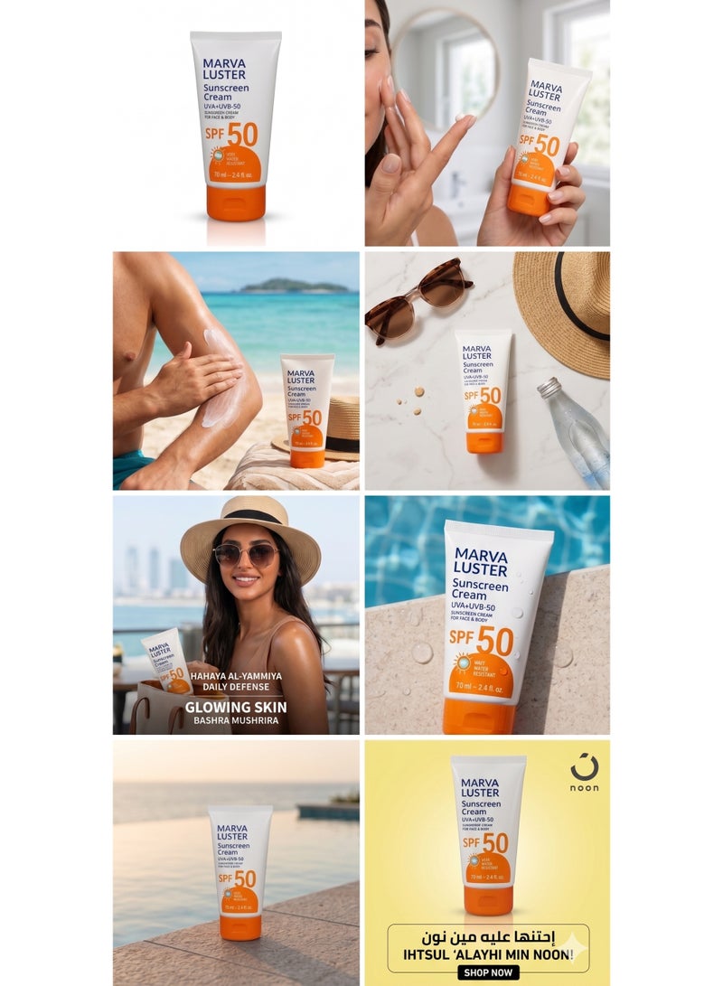 Marva Luster Sunblock SPF 50, Complete Skin Protection, Water Resistant Sunscreen - 70ml - Image 5
