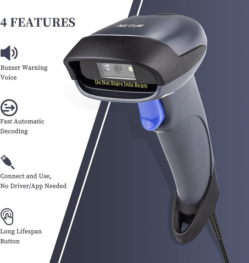 NETUM 2D Barcode Scanner with Stand USB 2.0 Wired QR Code Imager Automatic Barcode Reader Handhold Scanner Gun with USB Cable for Laptops, Computers, Cashier, POS -M5S - Image 2