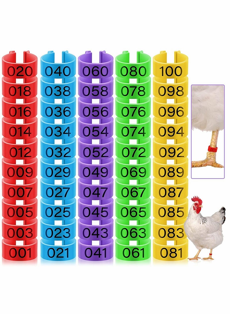 KASTWAVE Chicken Leg Rings, Numbered Chicken Leg Bands, Colorful Poultry Leg Bands, Clip-on Chicken Ankle Rings, for Ducks Chicks Chicken Guinea Pigeons Goose, 100 Pieces, 5 Colors - Image 1