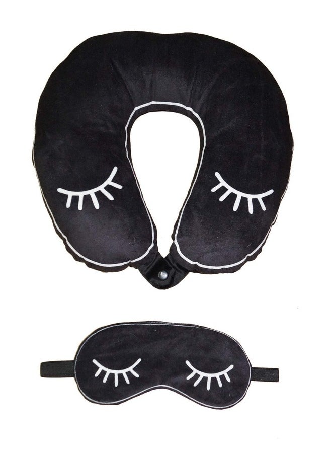Lushomes Neck Pillows And Eye Masks, Black & White Smooth Velvet Neck Travel Pillow And Eye Mask (Cervical Pillow, Pack 2, 12 X 12 Inches) (Black)  - Image 2