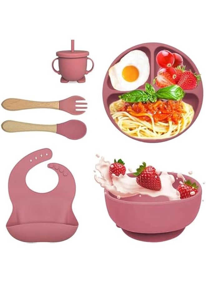 HOOKOR Silicone Baby Feeding Set, Baby Eating Utensils, BPA Free, Baby Led Weaning Supplies with Suction Bowl Divided Plate, Toddler Self Feeding Dish Set with Spoons Forks Sippy Cup Adjustable Bib (Pink)  - Image 1