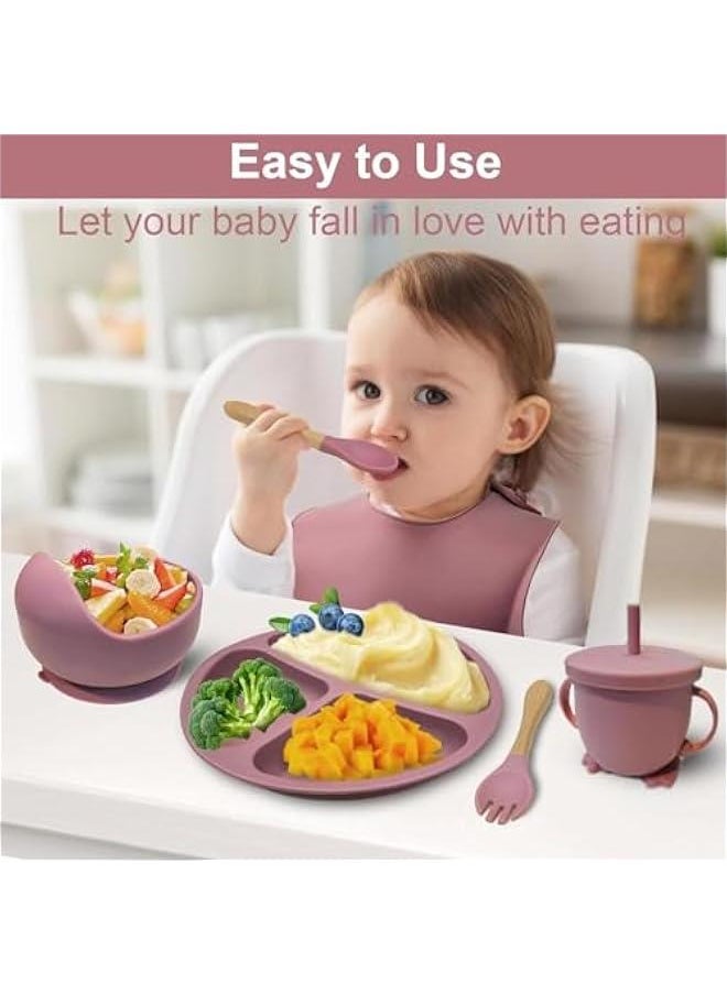 HOOKOR Silicone Baby Feeding Set, Baby Eating Utensils, BPA Free, Baby Led Weaning Supplies with Suction Bowl Divided Plate, Toddler Self Feeding Dish Set with Spoons Forks Sippy Cup Adjustable Bib (Pink)  - Image 2