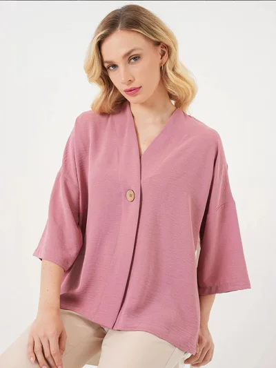 BIG DART BDART V-neck Three Quarter Sleeve Kimono with Button