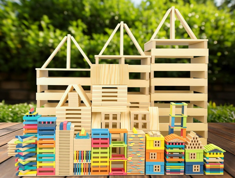 penepico Premium 300 Pcs Natural Wooden Building Blocks for Kids Ages 312Pine STEM Construction Toy OpenEnded Classic Building Blocks Set for Castles Bridges Towers Educational Learning Gift 47 in - Image 3