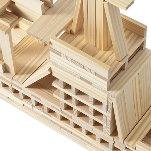 penepico Premium 300 Pcs Natural Wooden Building Blocks for Kids Ages 312Pine STEM Construction Toy OpenEnded Classic Building Blocks Set for Castles Bridges Towers Educational Learning Gift 47 in - Image 5