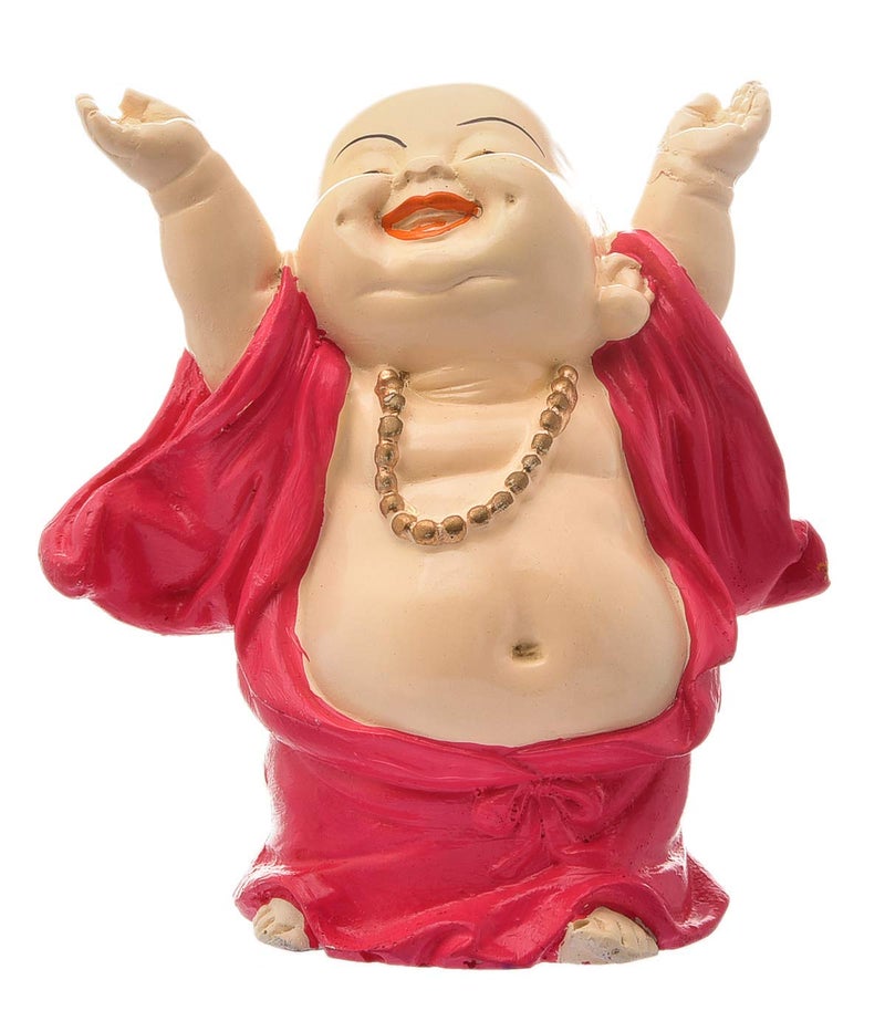 Karigaari India Handcrafted Resine Laughing Buddha Monk Idol Sculpture Showpiece for Home Dcor and Office Pwr135 Pink - Image 3