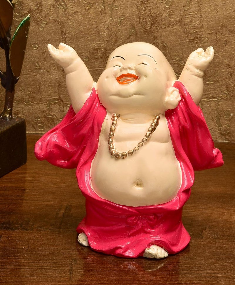 Karigaari India Handcrafted Resine Laughing Buddha Monk Idol Sculpture Showpiece for Home Dcor and Office Pwr135 Pink - Image 1
