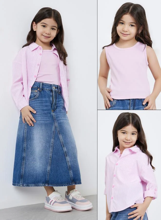 Styli Styli Pack of 2 - Girls Pink Striped Shirt and Rib Tank