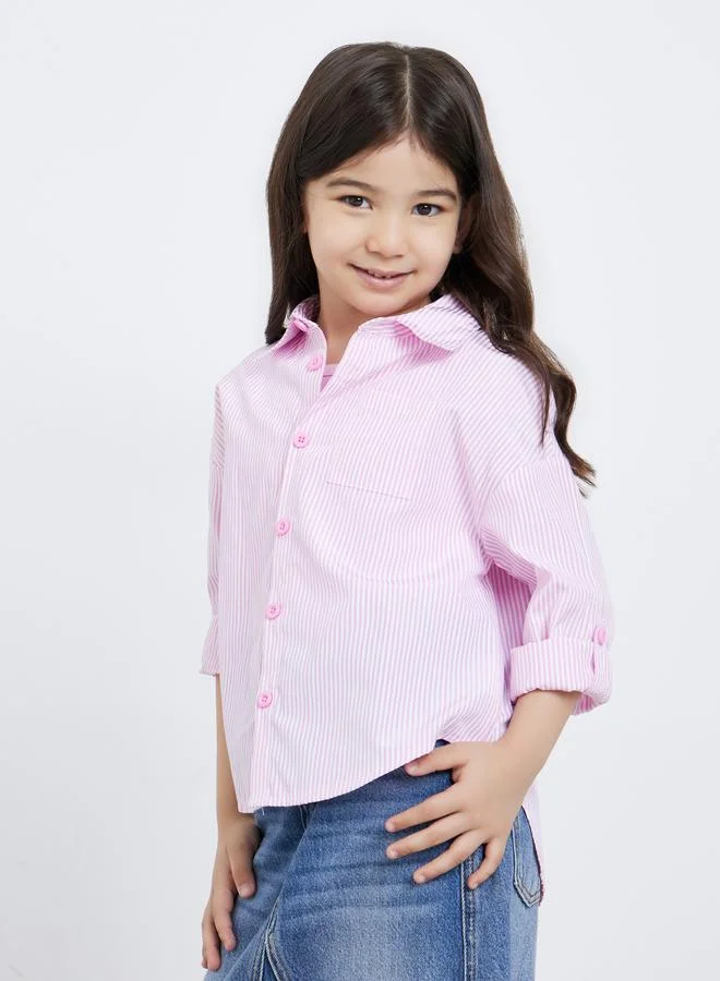 Styli Styli Pack of 2 - Girls Pink Striped Shirt and Rib Tank