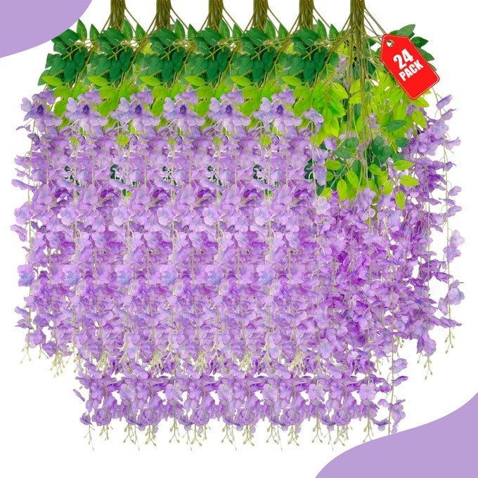 24 PACK LIGHT PURPLE WISTERIA HANGING FLOWERS 34 FT FAKE HANGING FLOWERS ARTIFICIAL WISTERIA GARLAND VINES FOR WEDDING ROOM BACKDROP OUTDOOR PATIO GARDEN DECORATION