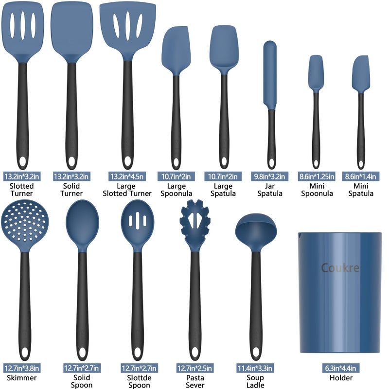 Coukre Silicone Kitchen Cooking Utensils Set with Holder â€“ Heat-Resistant, Food-Grade Kitchen Tools, Spatula, Spoon & Gadgets for Non-Stick Pans, Dishwasher Safe (14, DarkBlue) - Image 2