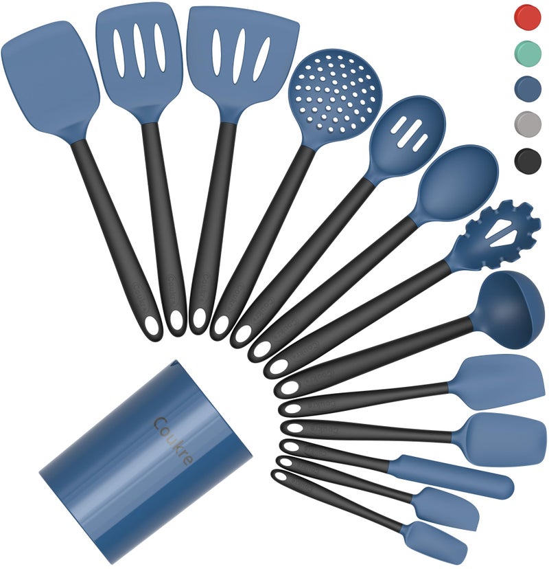 Coukre Silicone Kitchen Cooking Utensils Set with Holder â€“ Heat-Resistant, Food-Grade Kitchen Tools, Spatula, Spoon & Gadgets for Non-Stick Pans, Dishwasher Safe (14, DarkBlue) - Image 1