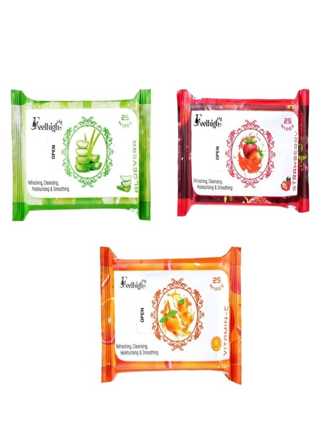 FEELHIGH مناديل فيلهاي لإزالة المكياج والوجه، عبوة من 3 مناديل، مناديل وجه فردية لطيفة مع خلاصة الصويا الغنية بالرطوبة للمساعدة في جعل بشرتك تبدو مشرقة، تركيبة مضادة للحساسية (متوسط، فراولة + صبار + فيتامين ج) - Image 1