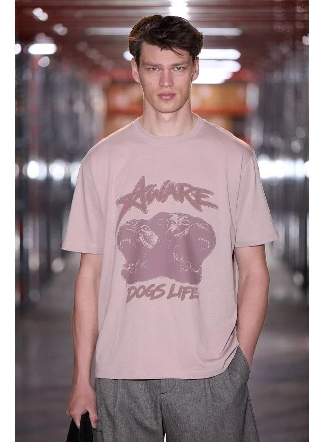 GRIMELANGE WONTON Men's 100% Organic Cotton Printed Detailed Regular Fit Round Neck Rose Dry T-Shirt.