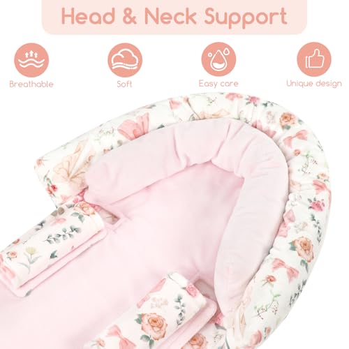 GFU Baby Car Seat Head Support for Newborn, 2 in 1 Infant Car Seat Head Body Support with Strap Pads, Soft Stroller Cushion Pillow Insert for Girls, Fits for Stroller, Swing, Pink Floral - Image 2