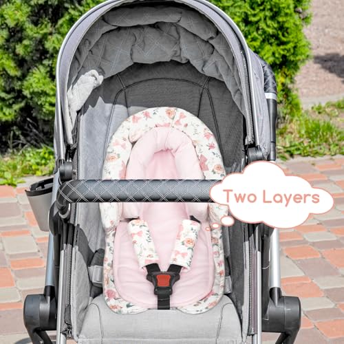 GFU Baby Car Seat Head Support for Newborn, 2 in 1 Infant Car Seat Head Body Support with Strap Pads, Soft Stroller Cushion Pillow Insert for Girls, Fits for Stroller, Swing, Pink Floral - Image 5