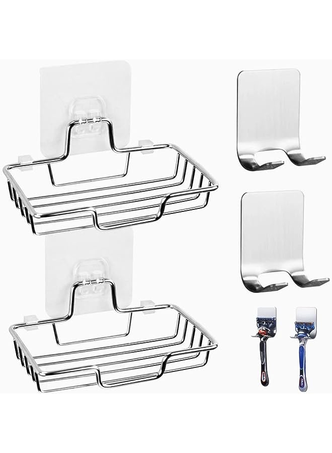 vesus Mart [4-PACK] 2Pcs Adhesive Soap Tray & 2Pcs Razor Hanging Hooks, Bath Soap Holder, Stainless Steel Metal Soap Dish Shower for Bathroom & Kitchen Adhesive Soap Tray with Razor Holder - Image 1