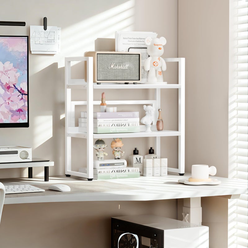 Brakki Desk Shelf Organizer, Adjustable 2 Tier Metal Desktop Shelves, Desktop Bookshelf Organization with Foot Mat, Multi-Functional Small Storage Rack for Office Dorm Home, White - Image 2