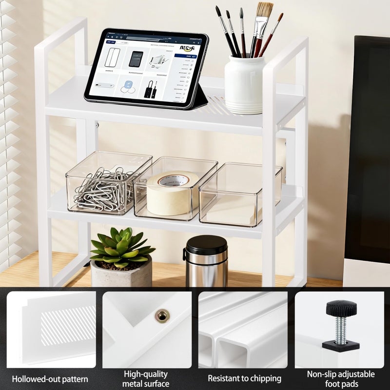 Brakki Desk Shelf Organizer, Adjustable 2 Tier Metal Desktop Shelves, Desktop Bookshelf Organization with Foot Mat, Multi-Functional Small Storage Rack for Office Dorm Home, White - Image 4