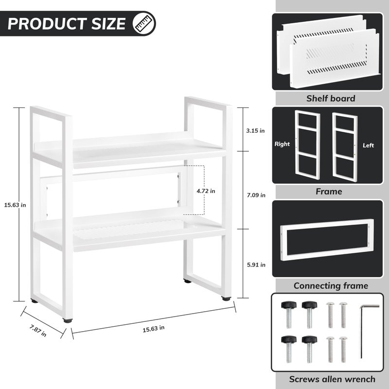 Brakki Desk Shelf Organizer, Adjustable 2 Tier Metal Desktop Shelves, Desktop Bookshelf Organization with Foot Mat, Multi-Functional Small Storage Rack for Office Dorm Home, White - Image 3