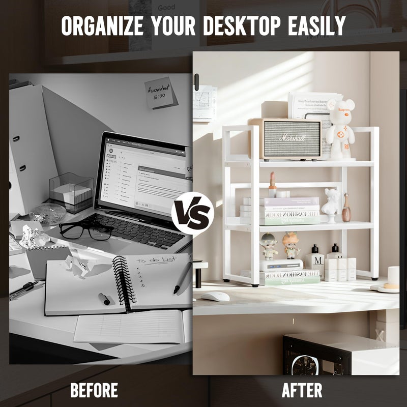 Brakki Desk Shelf Organizer, Adjustable 2 Tier Metal Desktop Shelves, Desktop Bookshelf Organization with Foot Mat, Multi-Functional Small Storage Rack for Office Dorm Home, White - Image 5