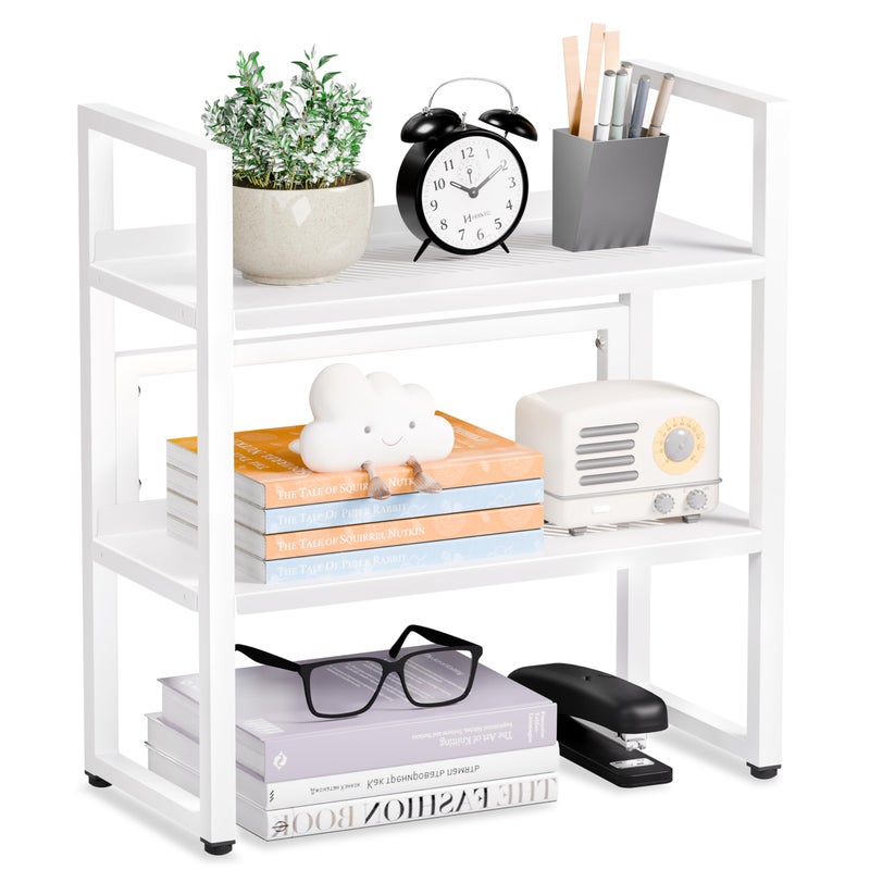 Brakki Desk Shelf Organizer, Adjustable 2 Tier Metal Desktop Shelves, Desktop Bookshelf Organization with Foot Mat, Multi-Functional Small Storage Rack for Office Dorm Home, White - Image 1
