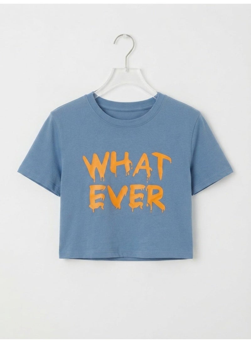 LOUD UNIVERSE Ladie's Soft Blue Cropped T-Shirt with "WHATEVER" Print - Image 2