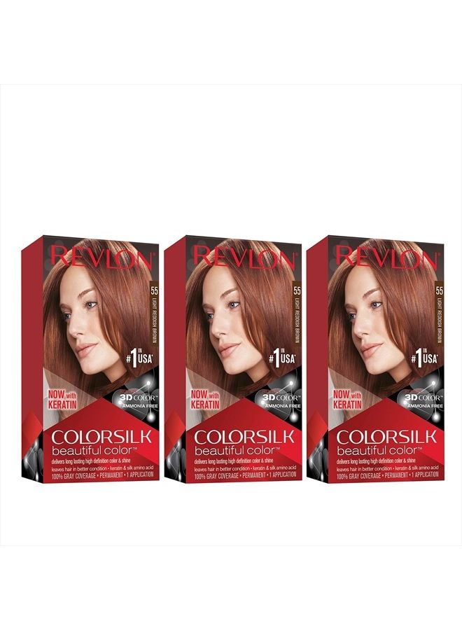 Revlon Permanent Hair Color by Revlon, Permanent Hair Dye, Colorsilk with 100% Gray Coverage, Ammonia-Free, Keratin and Amino Acids, 55 Light Reddish Brown, 4.4 Oz (Pack of 3) - Image 1
