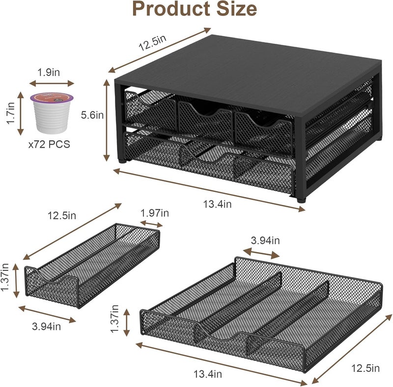 NEYCIL Coffee Pod Holder For Counter, 3 Pull-Out 72 K-Cup Holder Drawer, Wooden Cafe Pods Storage Organizer with Sliding Drawers for Coffee Station, Home, Kitchen, Office, Dorm, Black - Image 3