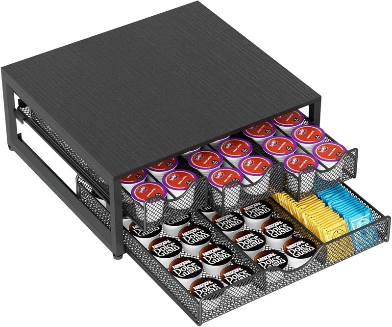 NEYCIL Coffee Pod Holder For Counter, 3 Pull-Out 72 K-Cup Holder Drawer, Wooden Cafe Pods Storage Organizer with Sliding Drawers for Coffee Station, Home, Kitchen, Office, Dorm, Black - Image 1