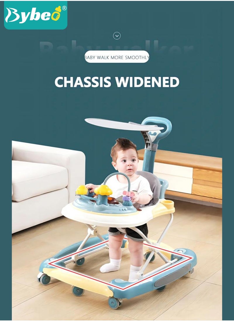 4-in-1 Multifunctional Baby Walker for Boys and Girls, Foldable Activity Walkers with Mute Wheels, Adjustable Height Anti-Rollover Infant Walk Play Meal Chair, Pram Stroller for Toddlers 6-18 Months