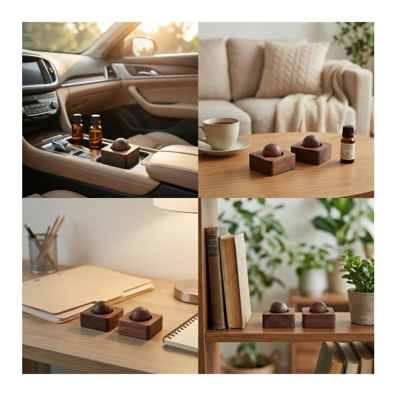Car Fragrance Diffuser 4pcs Walnut Wood with 2 Wooden Balls and 2 Square Bases Flameless Aroma Diffuser Natural Solid Wood Car And Home Fragrance Ornament No Scent Source - Image 5